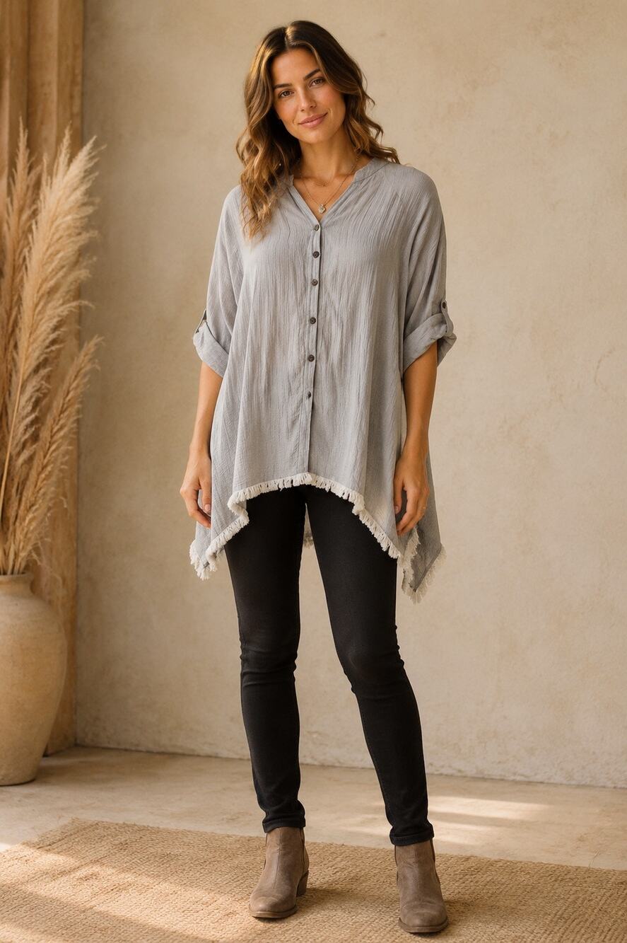 Hester & Orchard Gray Tencel Boho Grunge Tunic Women’s Medium Asymmetrical Raw